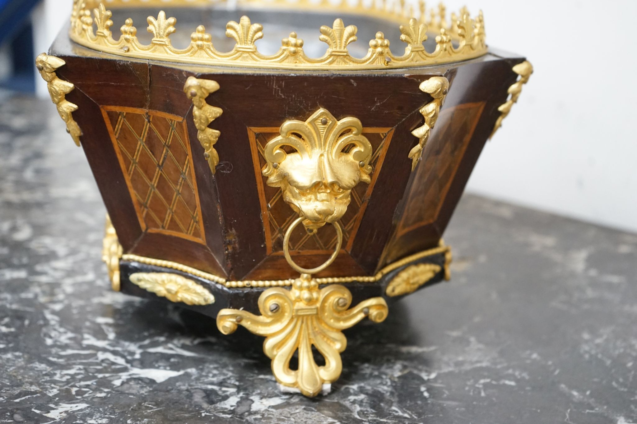 A French gilt metal mounted marquetry inlaid jardiniere, width 44cm, depth 25cm, height 19cm